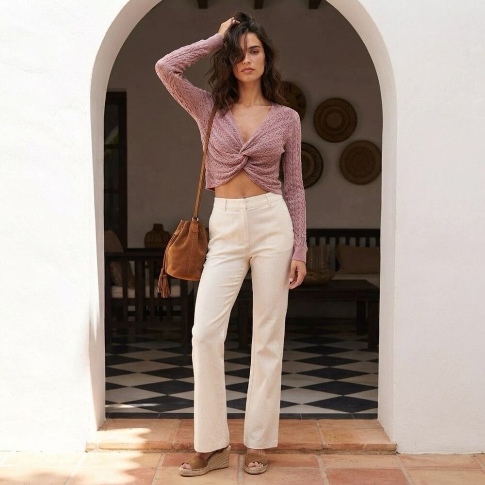 Timing Mauve Open Knit Twist Front Long Sleeve Crop Top Sz M Crochet Coquette